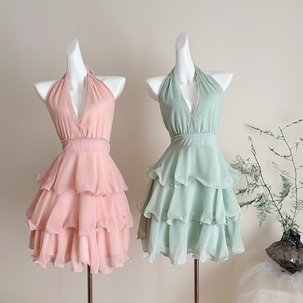 Carys Halterneck Pearl Ruffle Mini Dress