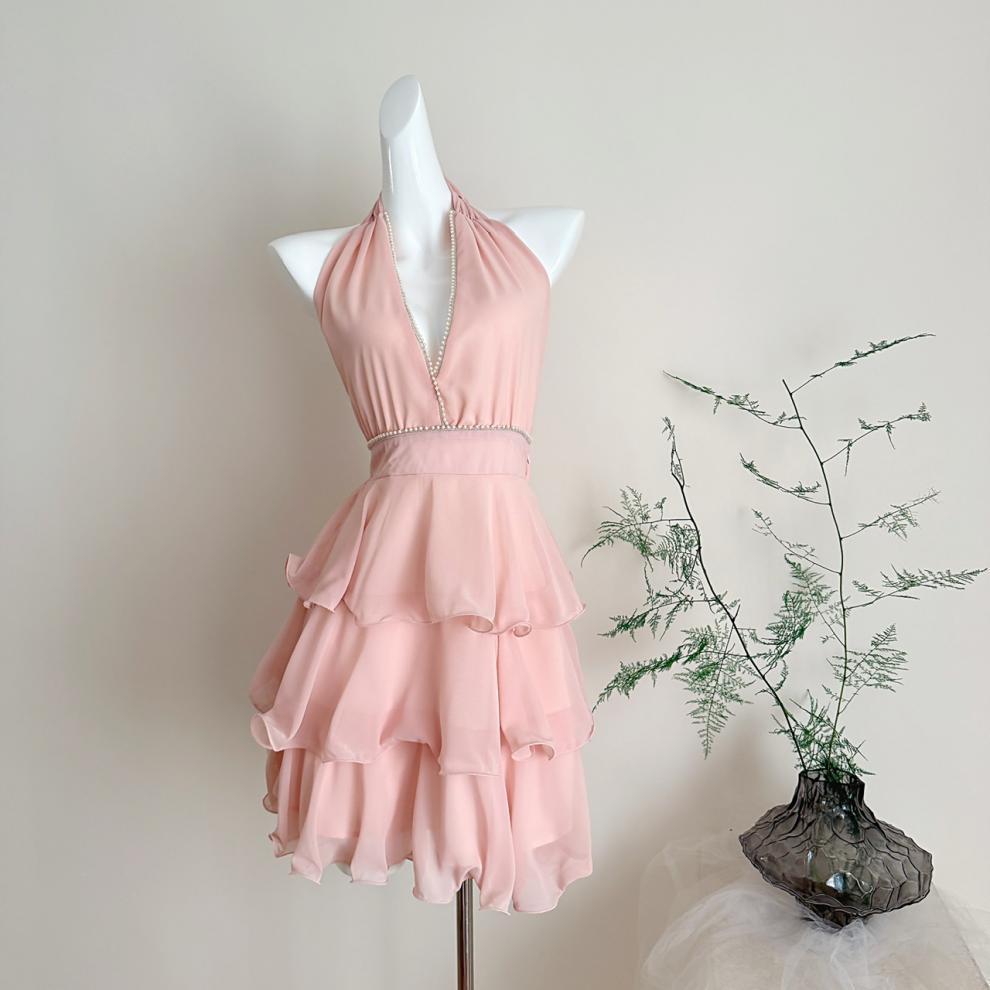 Carys Halterneck Pearl Ruffle Mini Dress