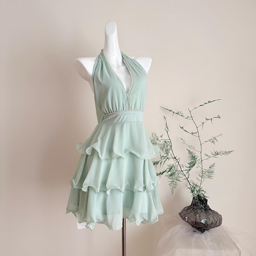 Carys Halterneck Pearl Ruffle Mini Dress