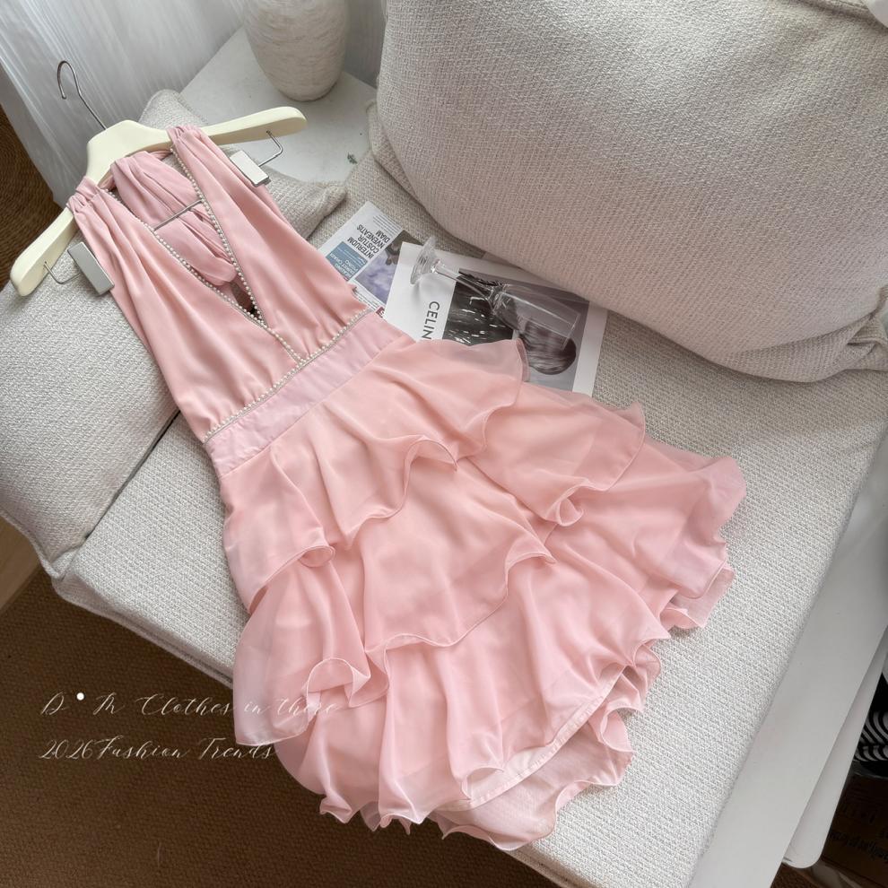 Carys Halterneck Pearl Ruffle Mini Dress