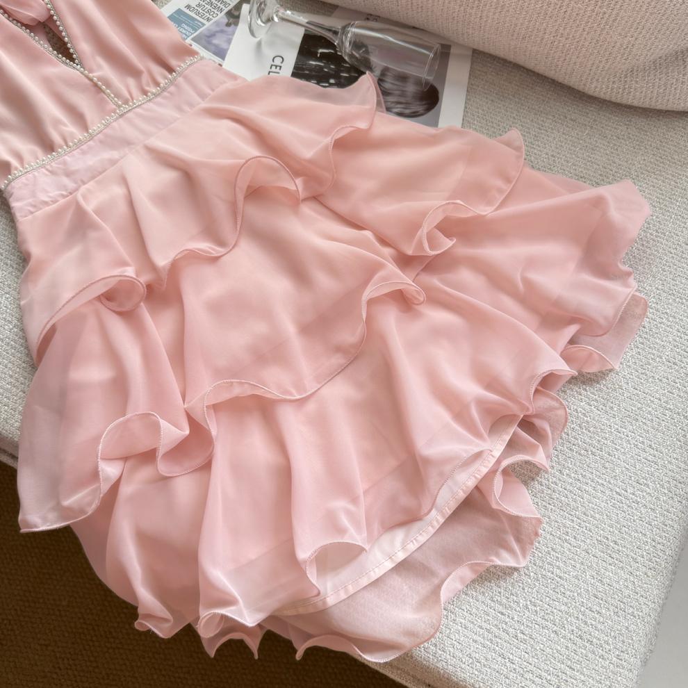 Carys Halterneck Pearl Ruffle Mini Dress