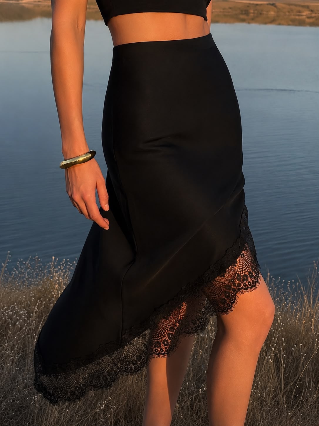 Linn Satin Lace Asymmetric Midi Skirt