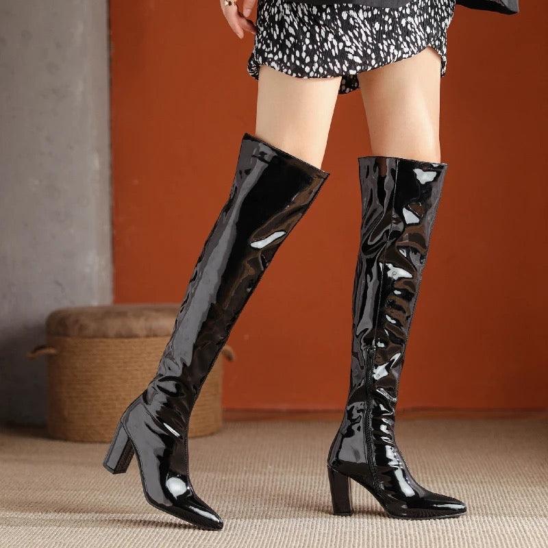 Over the Knee Patent Leather Boots In Black